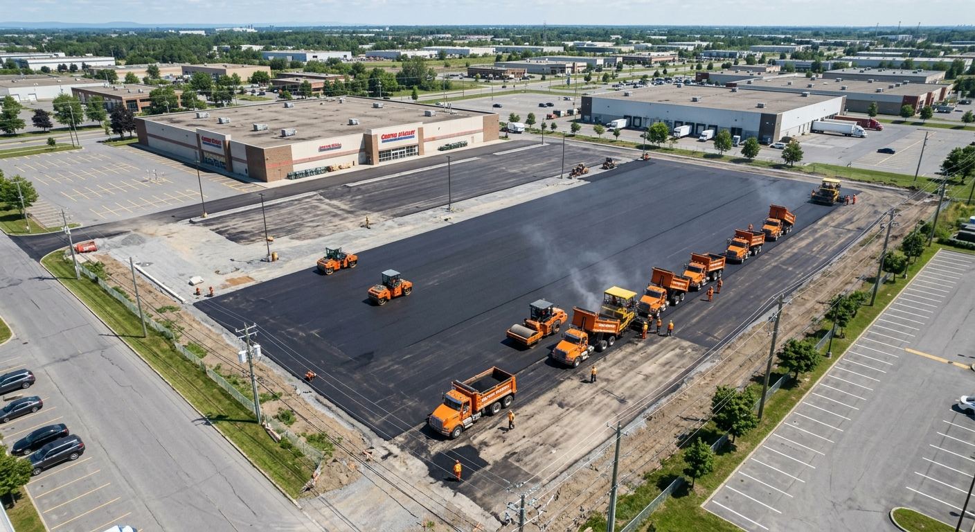 Stationnement commercial pavé à Amos, Québec